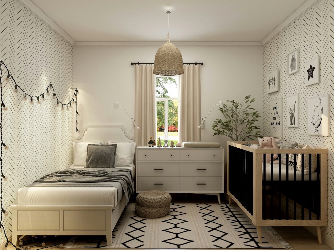 A child’s bedroom with a cot, a small sofa and pale wooden furniture
