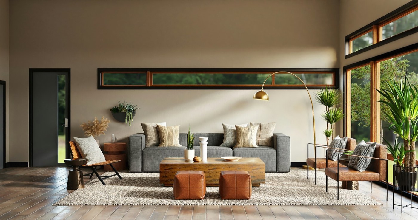A long living room with a gray sofa, brown leather seats and a wall of glass onto the garden