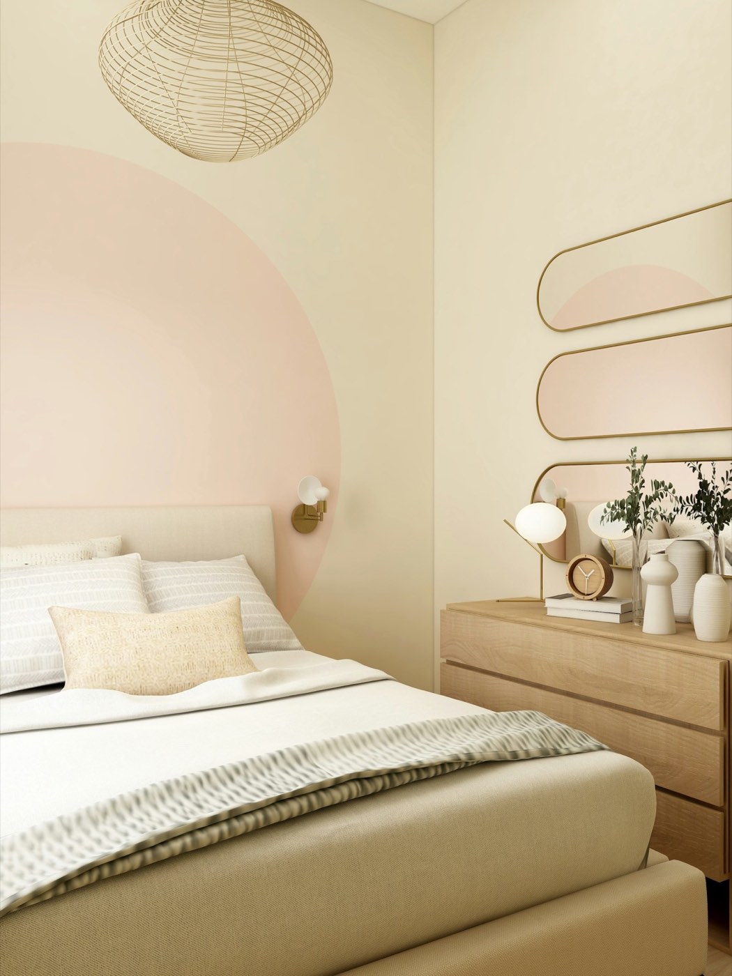 A pale bedroom with a white bed, an arched headboard niche and a small wall lamp