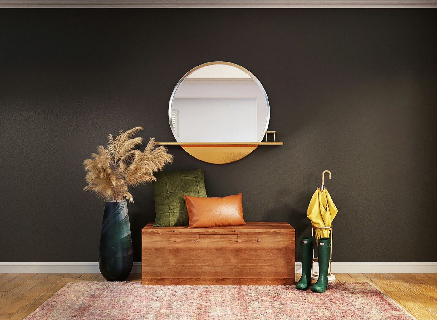 A dark hallway wall with a round mirror, a wooden console and dried grasses in a vase